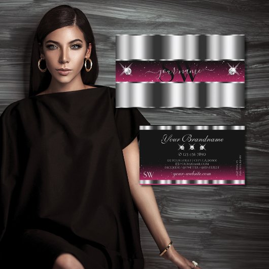 Chic Silver Pink Black Sparging Diamonds Initialen Visitekaartje