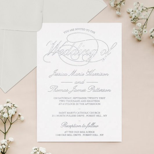 Chic Silver Script Wedding Real Folie Uitnodiging