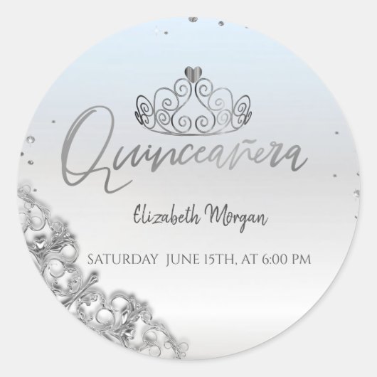 Chic Silver Tiara, Diamonds Quinceañera Ronde Sticker (Voorkant)