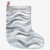 Chic Silver White Wavy Stripes Christmas Grote Kerstsok (Voorkant)