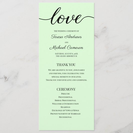 Chic Simple Mint Green Wedding Love Script Programma (Voorkant)