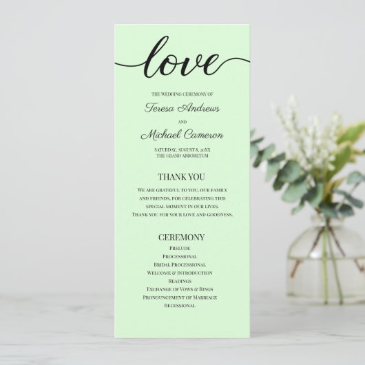 Chic Simple Mint Green Wedding Love Script Programma (Staand voorkant)