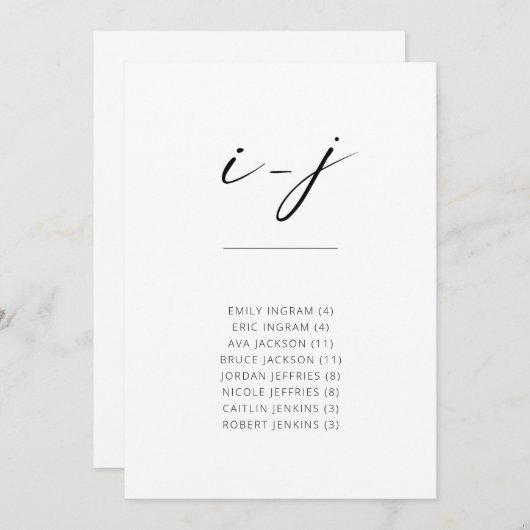 Chic Simple Modern Script Alfabetical Seating I-J (Voorkant / Achterkant)