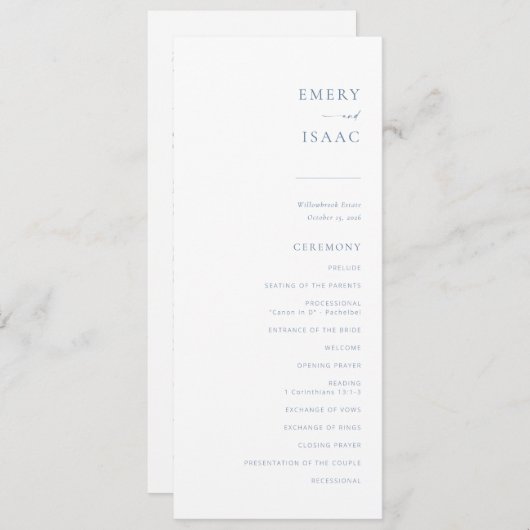Chic + Simple Modern Script Wedding Program | Blau Menu (Voorkant / Achterkant)