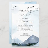 Chic Slate Blue Mountains Script Weddenmenu (Voorkant / Achterkant)