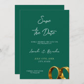 Chic smaragdgroene gouden ringen bruiloft save the date (Voorkant / Achterkant)