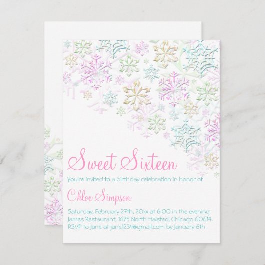 Chic Snowflake Sweet16 Invitation (Devant / Derrière)