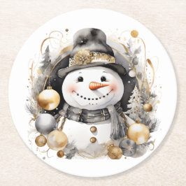 Chic Snowman: Black and Gold Holiday Charm Ronde Kartonnen Onderzetter