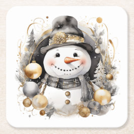 Chic Snowman: Black and Gold Holiday Charm Vierkante Kartonnen Onderzetter