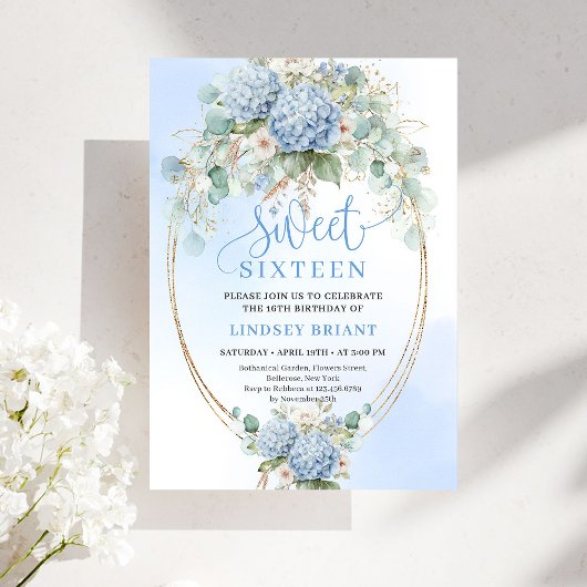 Chic Soft Blue Floral Gold Sweet 16 Birthday Party Kaart