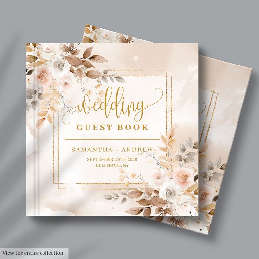 Chic Soft Pastel Herfst Bloemen Gouden Boho Huweli Gastenboek