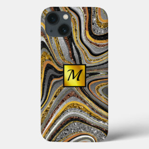 Chic Sparkle Glitter marble art grijs goudmonogram iPhone 13 Hoesje