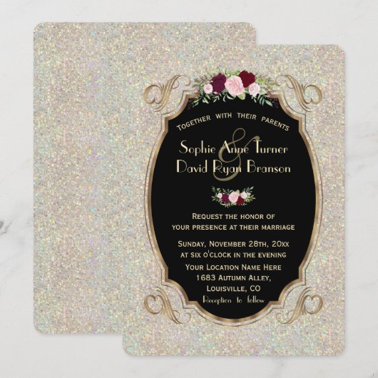 Chic Sparkles Gold Sequins Floral Wedding Uitnodig Kaart (Voorkant / Achterkant)