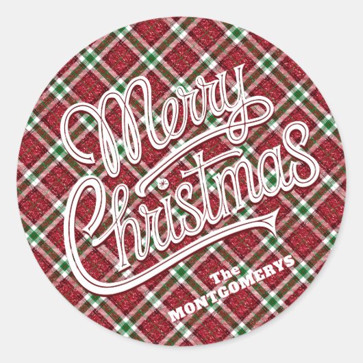 Chic Sparkly Plaid Christmas Ronde Sticker (Voorkant)