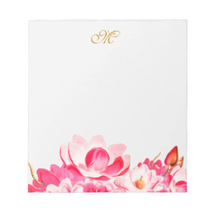 Chic Spring roze Magnolias Floral Monogram Blocnot Notitieblok