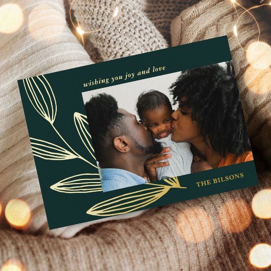 Chic Sprout Green en Gold Foil Holiday Fotokaart Folie Feestdagenkaart