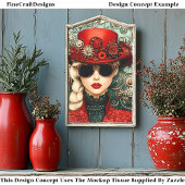 Chic Steampunk Vrouw in rode outfit U3 Decoupage Tissuepapier