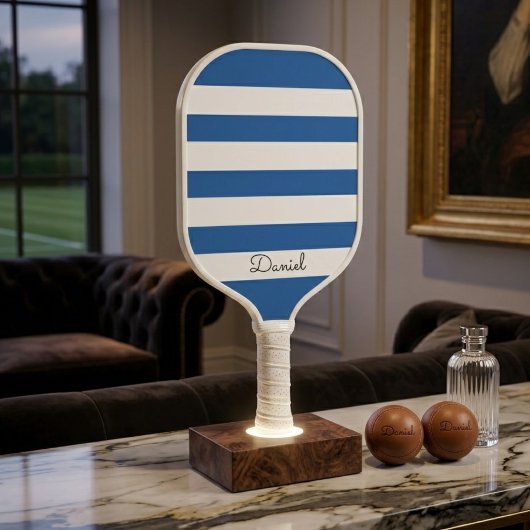 Chic Stof Blauw Gestreepte Monogram Pickleball Pad Paddle