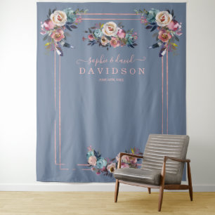 Chic Stof Blauw Roze Bloem Roze Goud Foto Booth Wandkleed