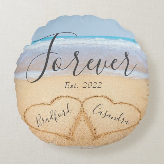 Chic Stof Blauw Strand Koppels Harten Zand Rond Kussen (Voorkant)