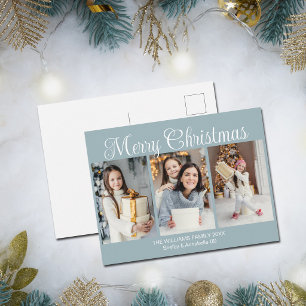 Chic Stof Grijs Blauw Vrolijk Kerst Foto Collage Feestdagenkaart