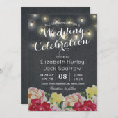 Chic String Lights Floral Black Grunge Wedding Kaart (Voorkant / Achterkant)