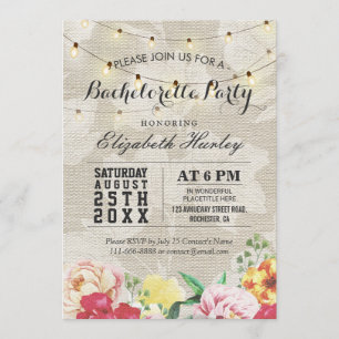 Chic String Lights Linen Floral Bachelorette Party Kaart