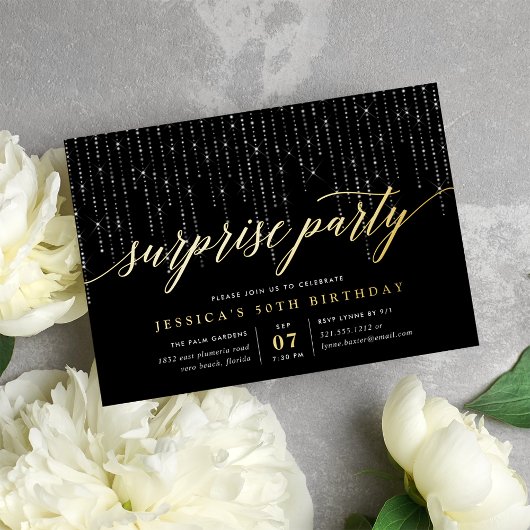 Chic String Lights Surprise Party Folie Uitnodiging