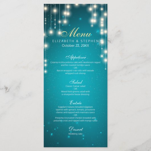 Chic String Lights Turquoise Glitter Wedding Menu (Voorkant)