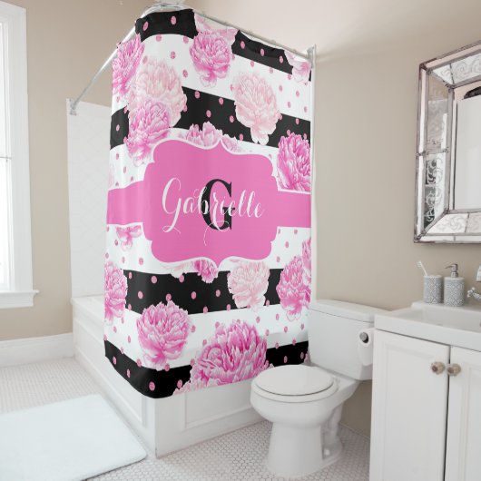 Chic Stripes Roze Waterverf Bloemmonogram Douchegordijn (In situ)