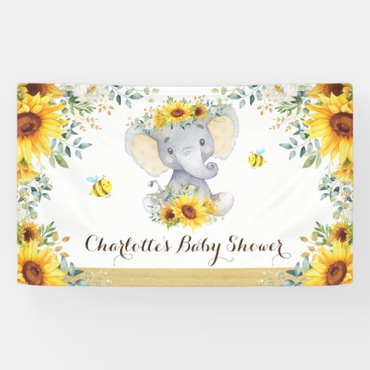 Chic Summer Sunflower Elephant & bijen Baby shower Spandoek (Horizontaal)