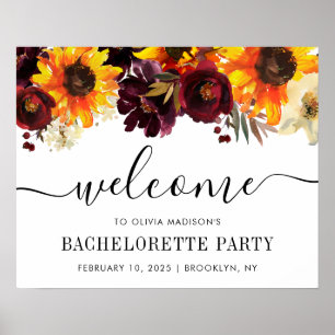 Chic Sunflower Burgundy Bachelorette Welcome Poster