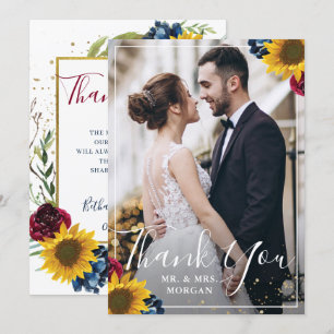 Chic Sunflower Burgundy Navy Blue Floral Foto Bedankkaart