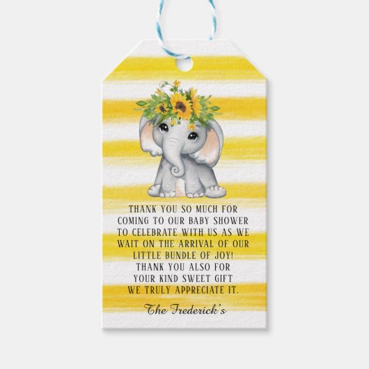 Chic Sunflower Elephant Girl Baby shower Dank u we Cadeaulabel (Voorkant)