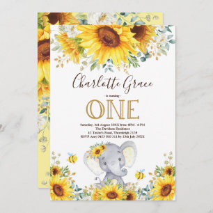 Chic Sunflower Elephant Greenery Gold 1st Birthday Kaart