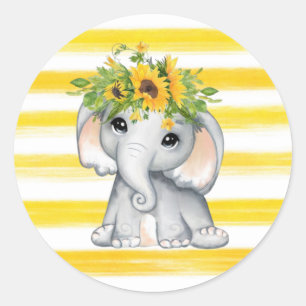Chic SunFlower Elephant Stripes Baby shower Ronde Sticker