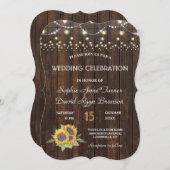 Chic Sunflower String Lights Old Wood Weddenschap Kaart (Voorkant / Achterkant)