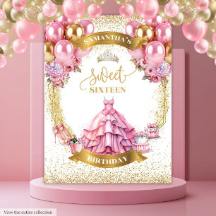 Chic Sweet 16 Banner Roze Gouden Ballonnen Glitter Wandkleed