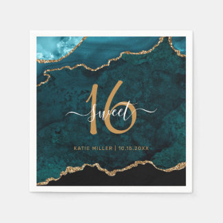 Chic Sweet 16 Blauwgroen Gouden Agaat Custom Naam Servet