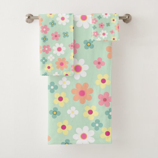 Chic teal & orang pink cute floral pattern bad handdoek (Insitu)