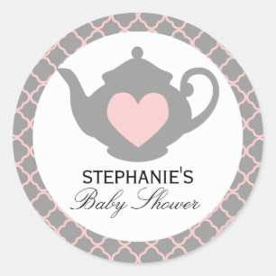 Chic Teapot roze + grijs Baby shower teken Ronde Sticker