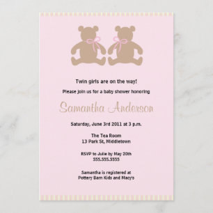 Chic Teddy Bear Baby shower Invitation - Twin Girl Kaart