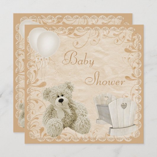 Chic Teddy & Wieg neutraal Baby shower Kaart (Voorkant / Achterkant)