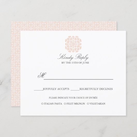 Chic Tegels elegant PINK WEDDING REPLY, menuoptie (Voorkant / Achterkant)