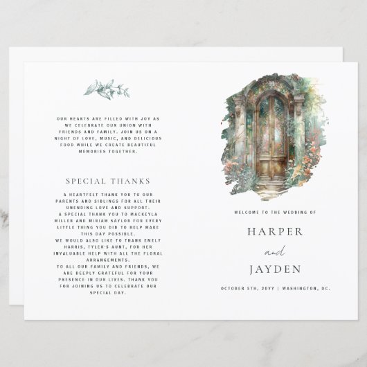 Chic Tijdloze Aardse, Groene, Blush Wedding Progra (Voorkant / Achterkant)