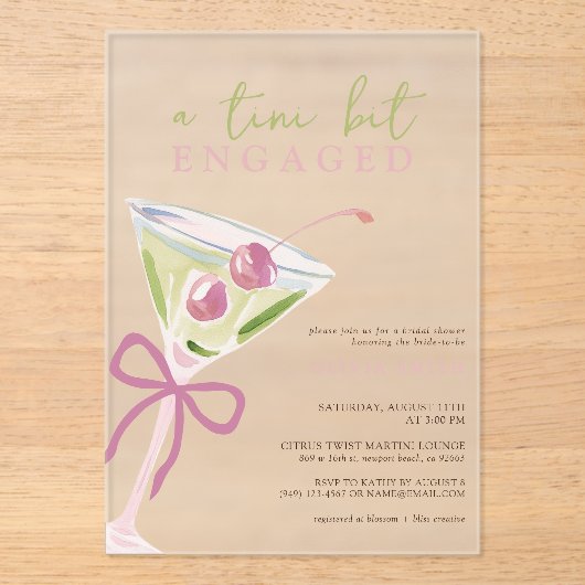 Chic Tini Bit Engaged Martini Bridal Shower Acryl Uitnodigingen (Voorkant)