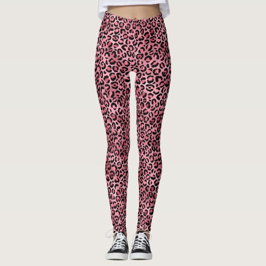 Chic Trendy Black roze luipaard afdrukken Leggings (Voorkant)