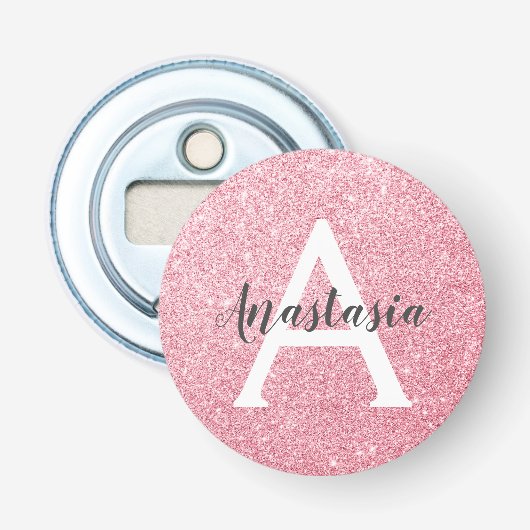 Chic & Trendy Roos Gold Glitter Sparkles Monogram Button Flesopener (Voorkant)