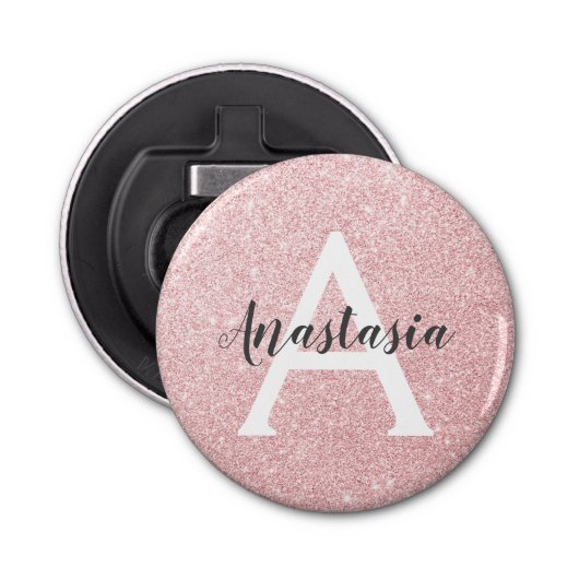Chic & Trendy Roos Gold Glitter Sparkles Monogram Button Flesopener (Voorkant)
