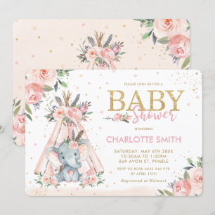 Chic Tribal Pink Floral Elephant Girl Baby shower Kaart